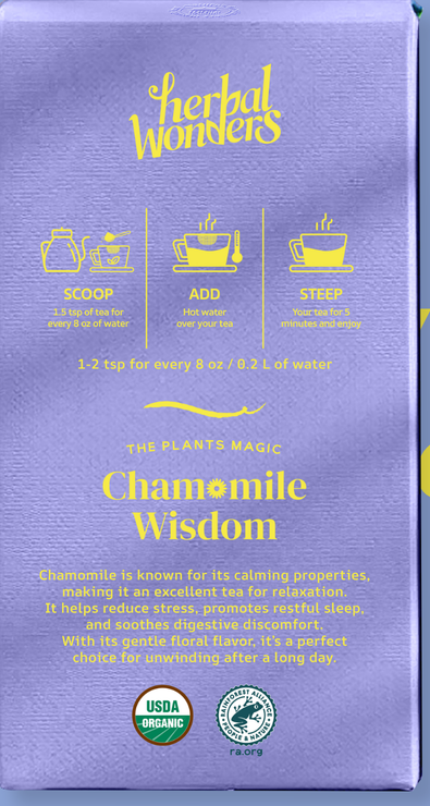Back of the Chamomile Wisdom box, showing the scoop, add and steep brewing steps